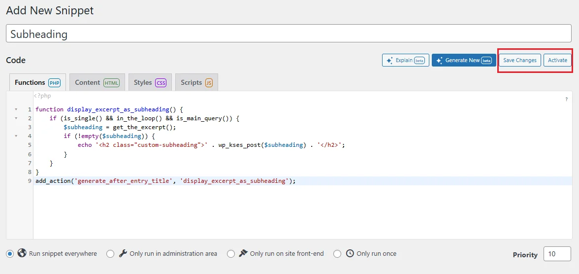 How to Add New Code in Code Snippet plugin